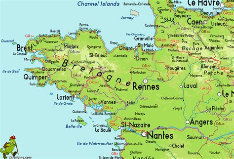 Brittany france map - This map of Brittany shows you where you will be in France. I always like to know where I am in relations to other things. Brittany is France's most western point (512 on the map). Just southwest of Normandy (513) and northwest of the Loire (517). When we want warm beaches we head to the Morbihan department.